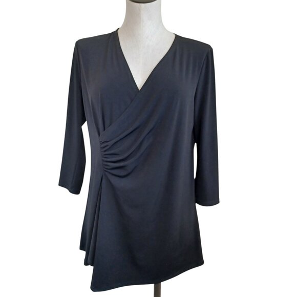 Clara Sun Woo Top Black Side Gathered Drape Stretch Knit Tunic Womens Medium - Picture 1 of 11